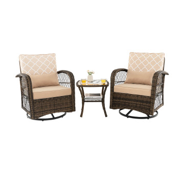 3 Pieces Outdoor Wicker Conversation Set with Tempered Glass Coffee Table